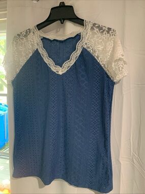 SHEIN Blue Eyelet Knit Top with White Lace Trim
